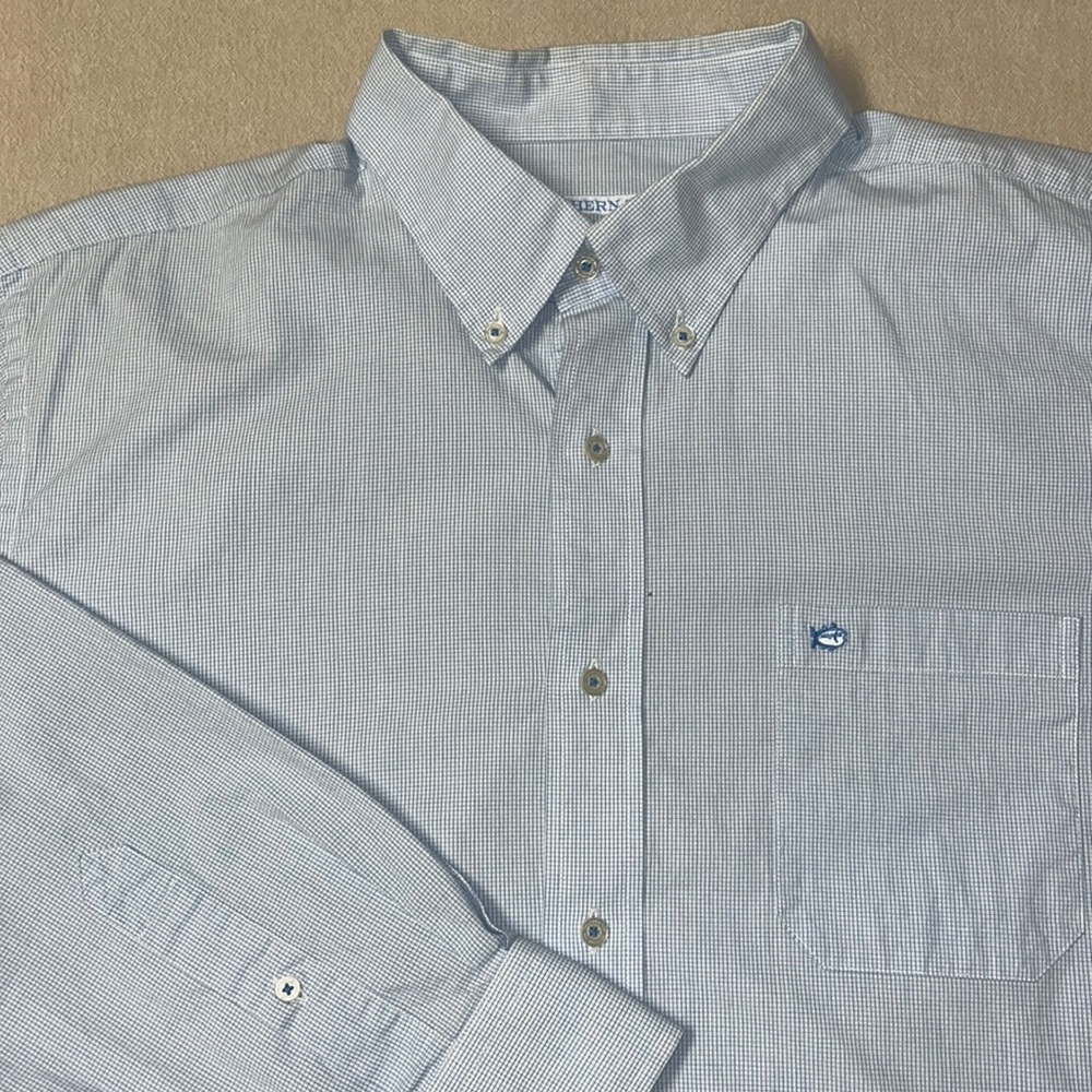 Southern Tide . Button down . White with small, thin, blue check
